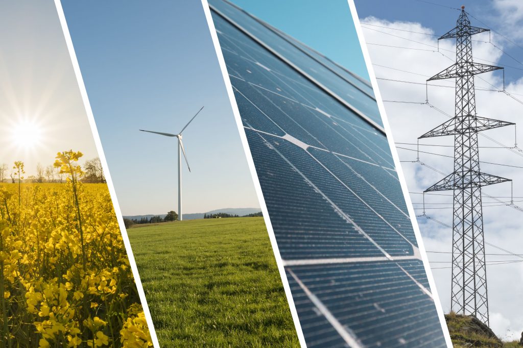 Solar Panel. Wind turbine and electricity pylon merged into one image.