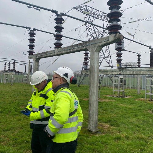 Two EPS Electrical Engineering consultants on site during a substation site survey for a Transmission and Distribution project.