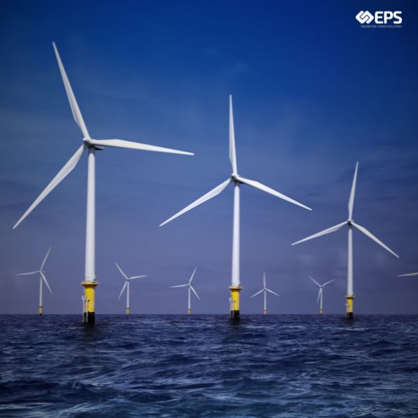 A stock image of an offshore wind farm with the EPS logo overlayed. 