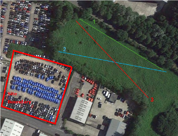 An aerial view displaying the client's site boundary marked in red. This site contains parked vehicles adjacent to industrial buildings. Three soil resistivity traverses are indicated with green, blue, and red lines displayed across the grassy area beyond the site.  