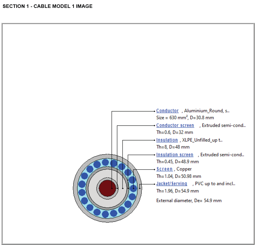 HV cable model cross-section displaying key components and dimensions, including conductor, insulation, and shielding layers for enhanced electrical performance.